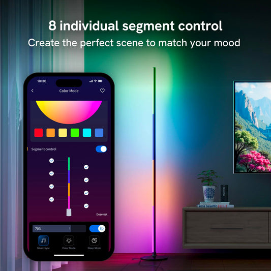 Phone app overlay of floor lamp color controls to change each segment of the light.
