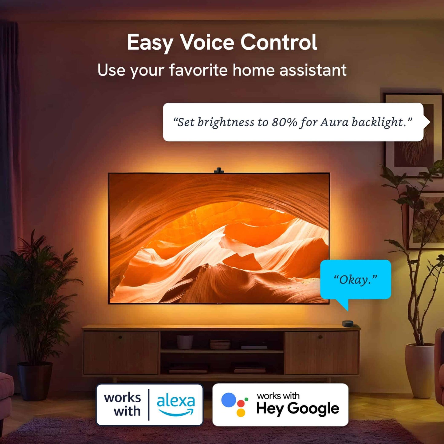 Voice bubble overlays to show smart home assistants working with Aura products.
