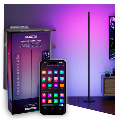 Ambient Floor Lamp box packaging and phone app overlay an example of the floor lamp in a living room setup.