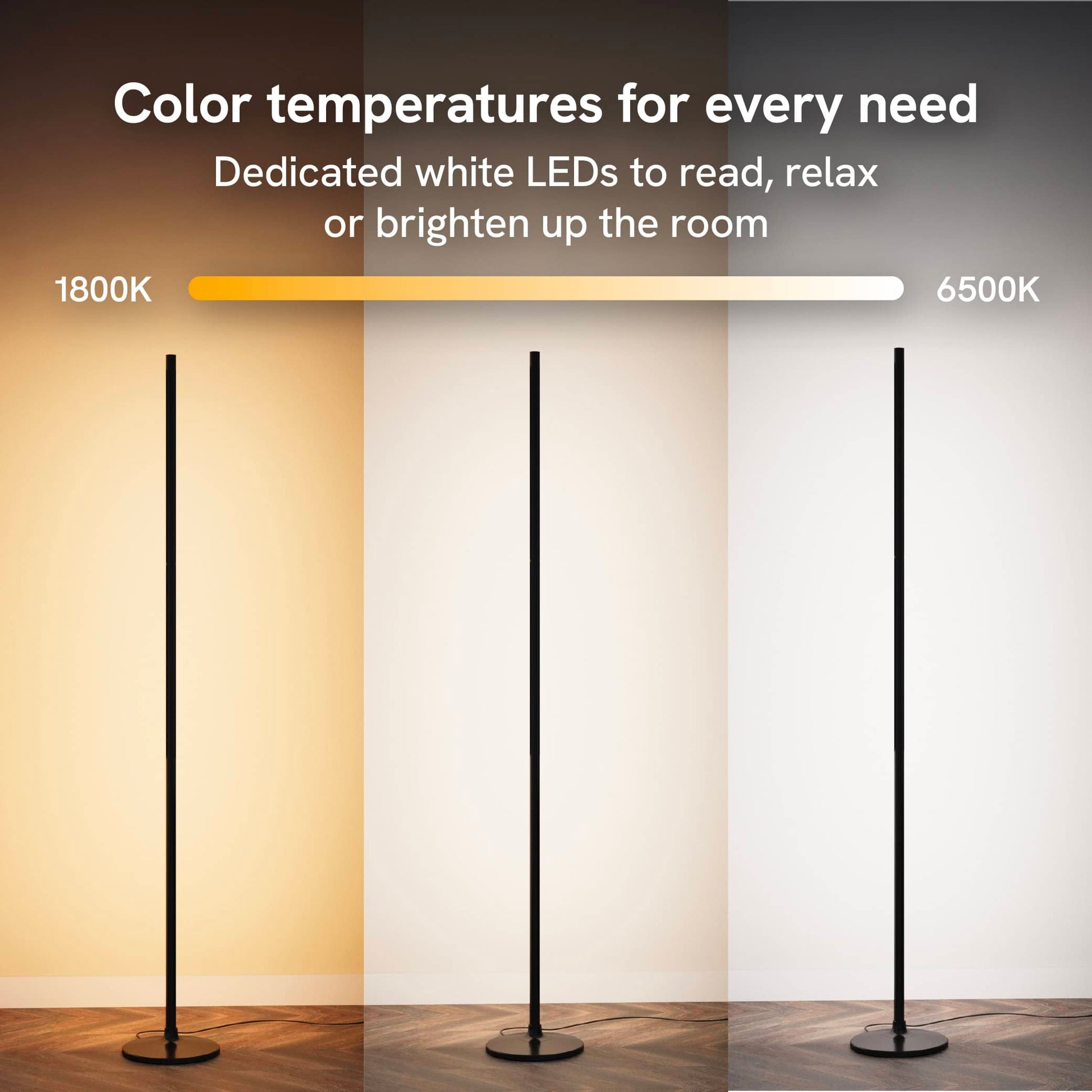 Three floor lamps showing the range in color temperatures of the LED light, from 1800k to 6500k. 