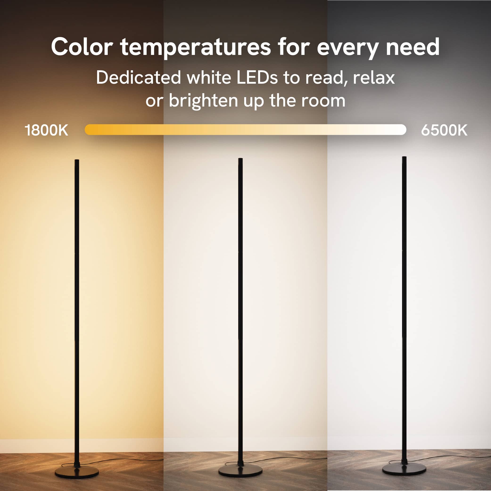Three floor lamps showing the range in color temperatures of the LED light, from 1800k to 6500k. 