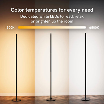 Three floor lamps showing the range in color temperatures of the LED light, from 1800k to 6500k. 