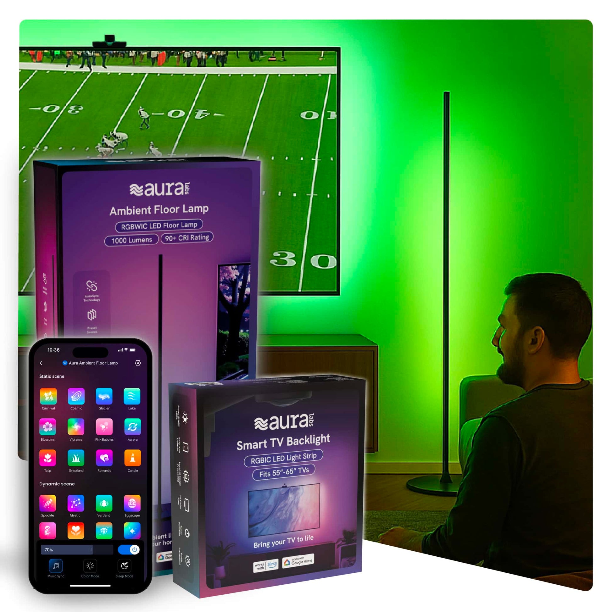 Box packaging for smart tv backlight and ambient floor lamp with a background of a man watching sports with Aura lighting.