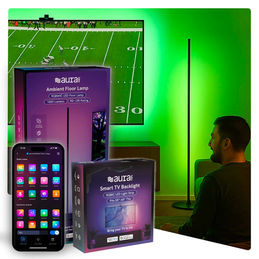 Box packaging for smart tv backlight and ambient floor lamp with a background of a man watching sports with Aura lighting.