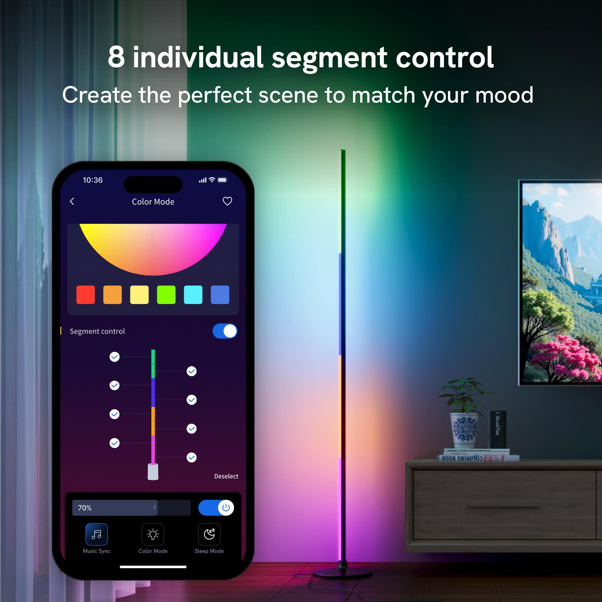 Phone app overlay of floor lamp color controls to change each segment of the light.