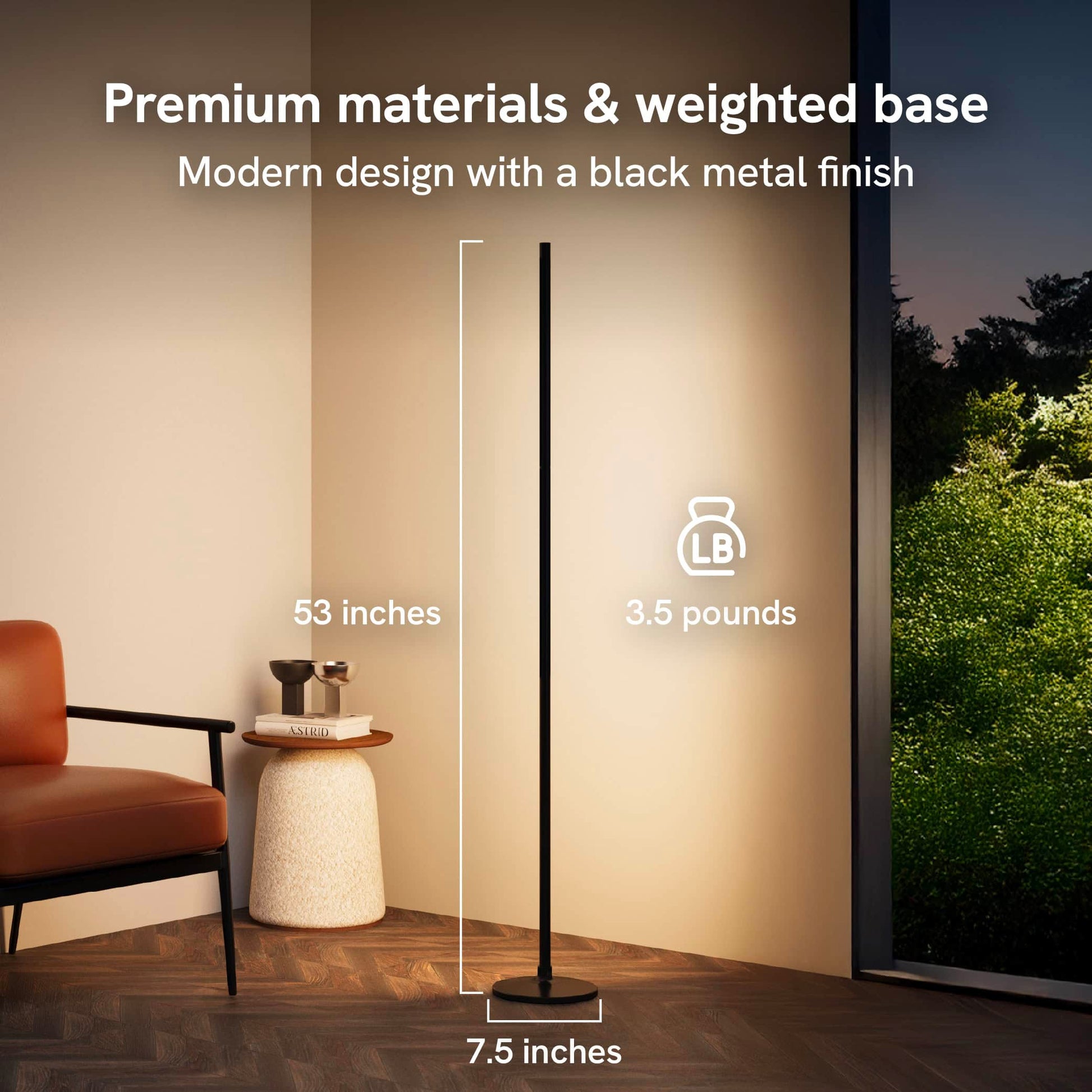 White text technical specifications, 3.5 pounds and 53 inches, overlaid on image of floor lamp setup in a room with a warm yellow glow.